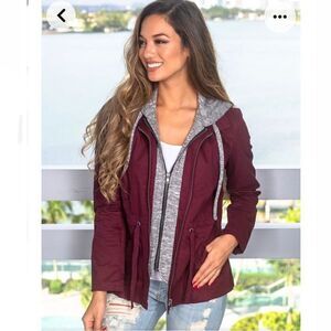Love Tree Sz M Gorgeous Hooded Double Zip Burgundy/ Grey Utility Hoodie Jacket